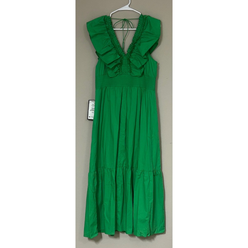 Adrianna Papell Green Ruffle Front Maxi Dress Cotton Smocked Tiered Size 16 NEW